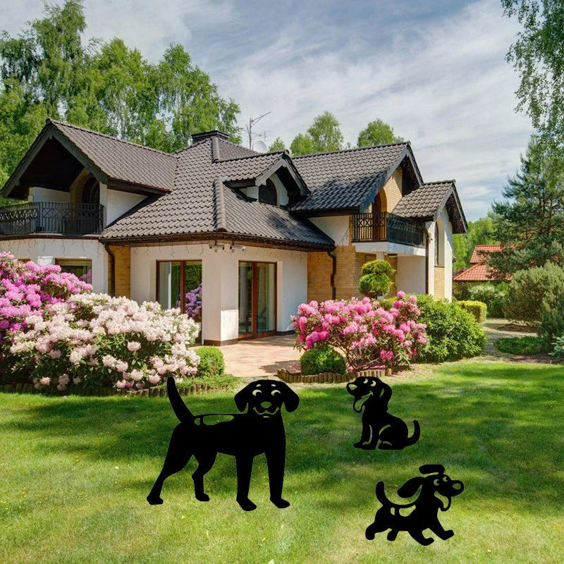 Acrylic dog silhouette garden stakes in three designs: big dog, sitting puppy, running puppy