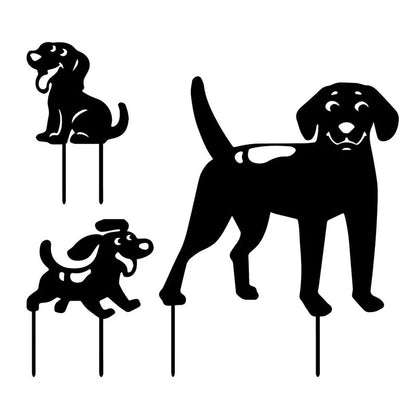 Acrylic dog silhouette garden stakes in three designs: big dog, sitting puppy, running puppy