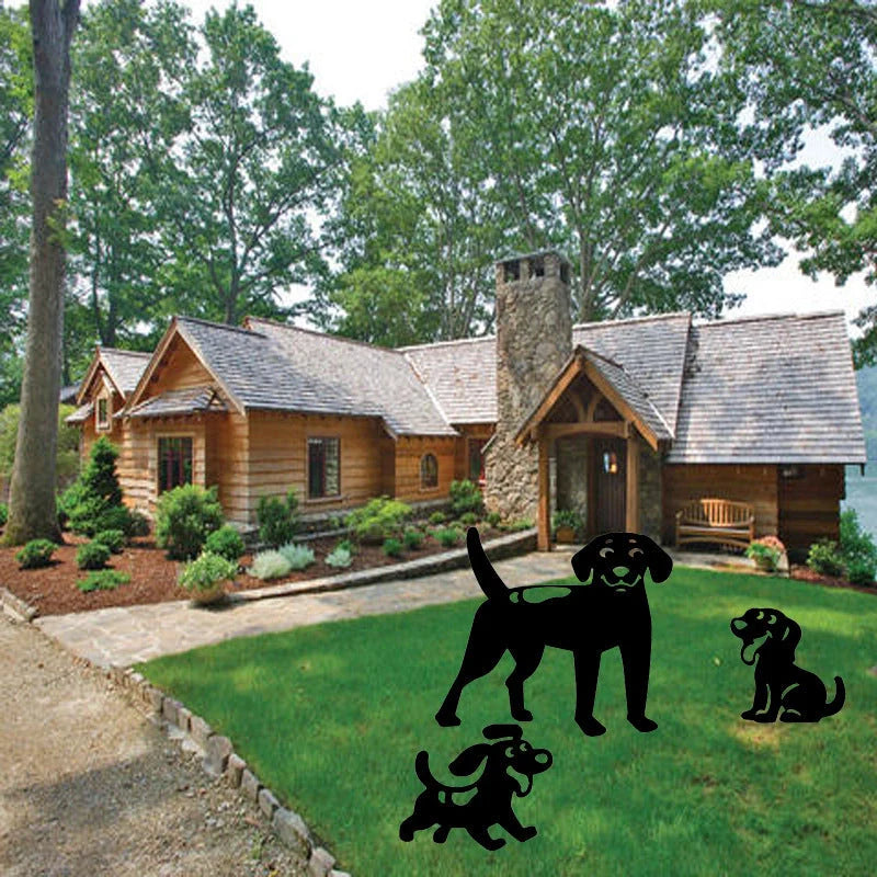 Acrylic dog silhouette garden stakes in three designs: big dog, sitting puppy, running puppy