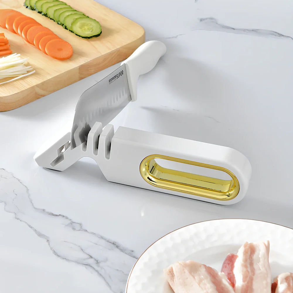 Four-in-one manual knife sharpener with ceramic, diamond, tungsten steel stones in pearl white, mint green or gentleman black