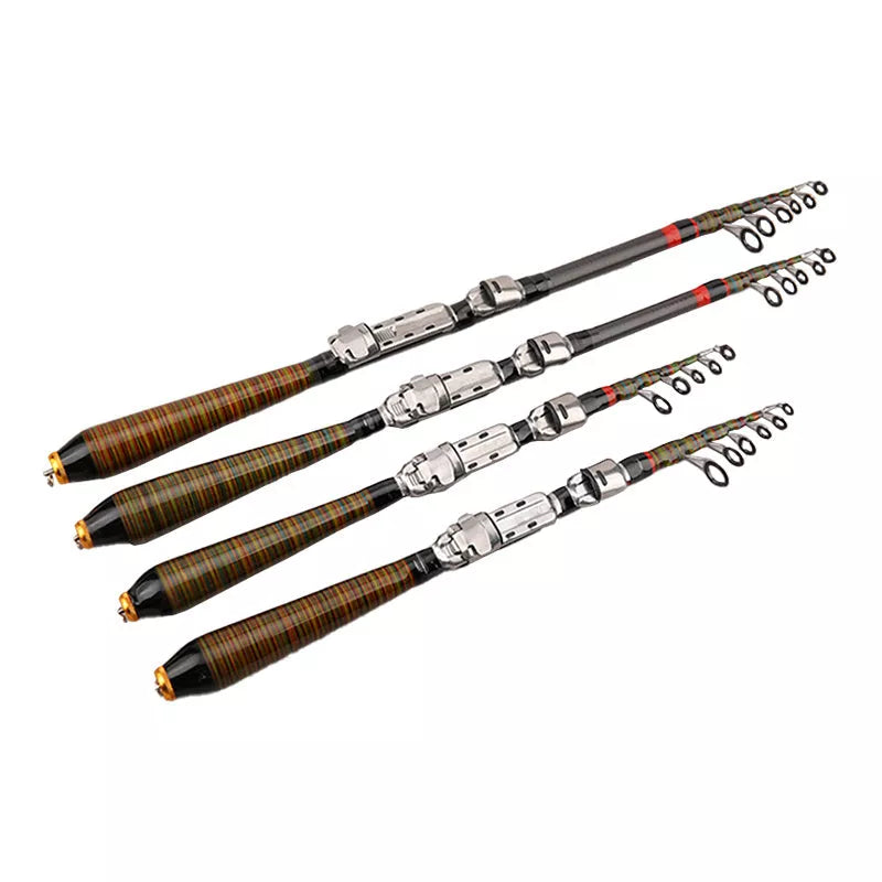 Compact carbon fiber telescopic fishing rod, collapses to 31cm, lightweight at 85g, ideal for travel
