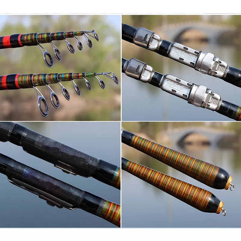 Compact carbon fiber telescopic fishing rod, collapses to 31cm, lightweight at 85g, ideal for travel