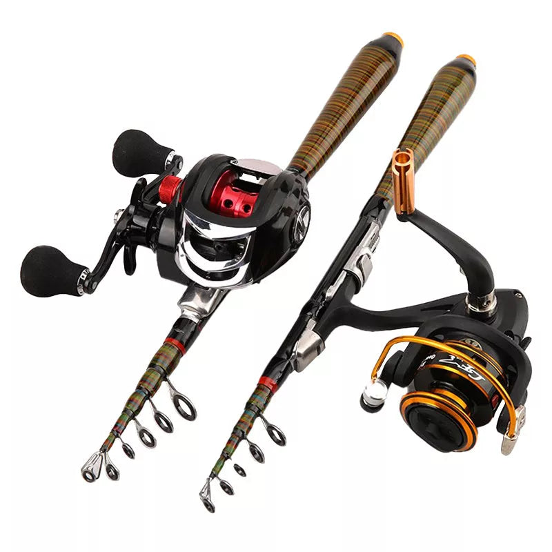 Compact carbon fiber telescopic fishing rod, collapses to 31cm, lightweight at 85g, ideal for travel