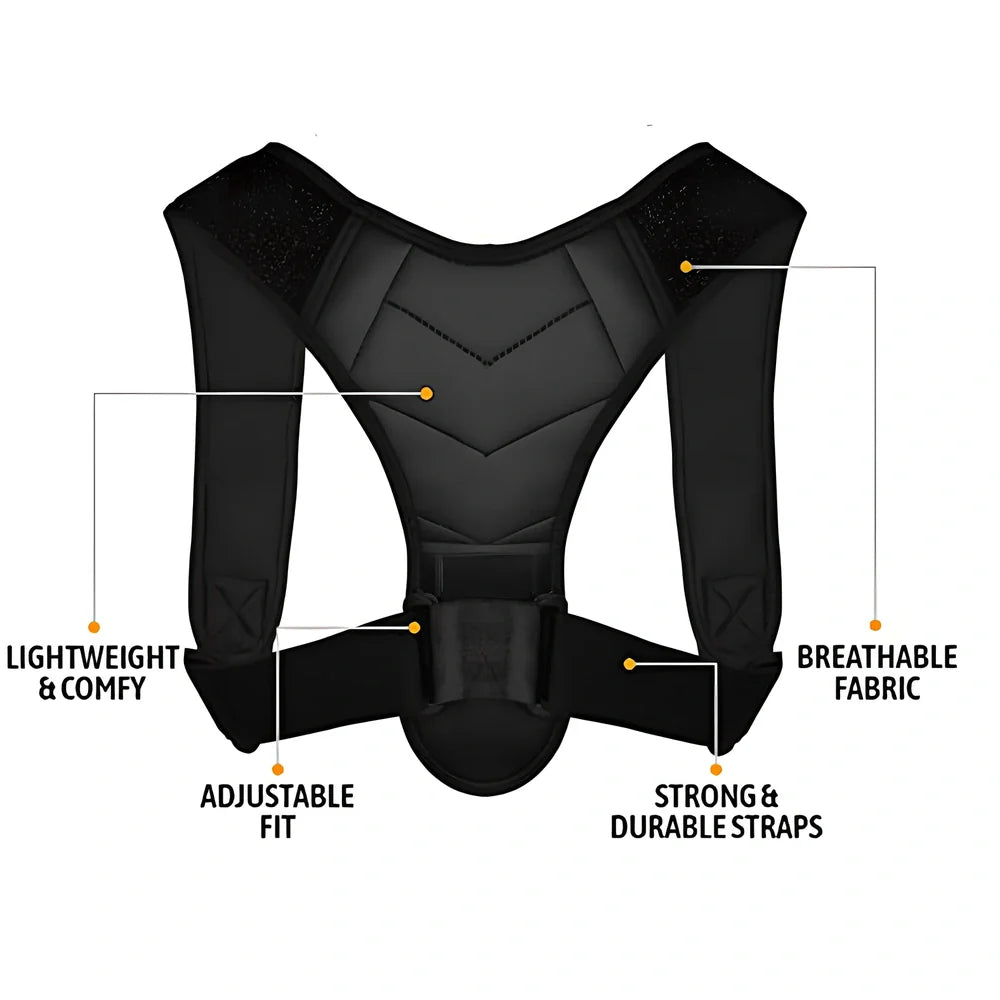 Black leather posture correction belt measuring 25x17cm for youth back support