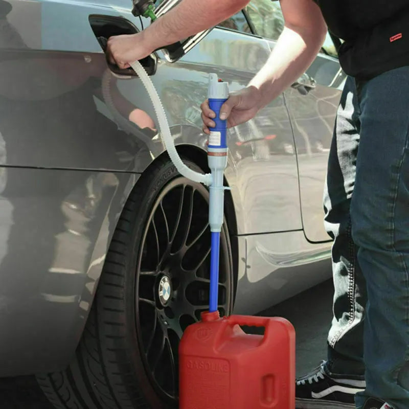 Blue and red manual siphon hand pump for fuel and oil transfer.