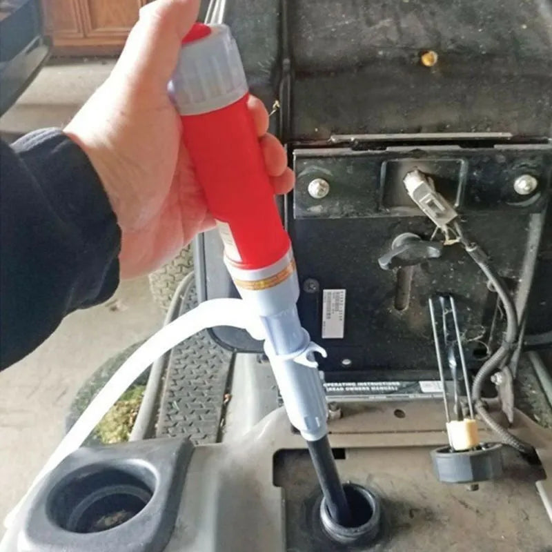 Blue and red manual siphon hand pump for fuel and oil transfer.
