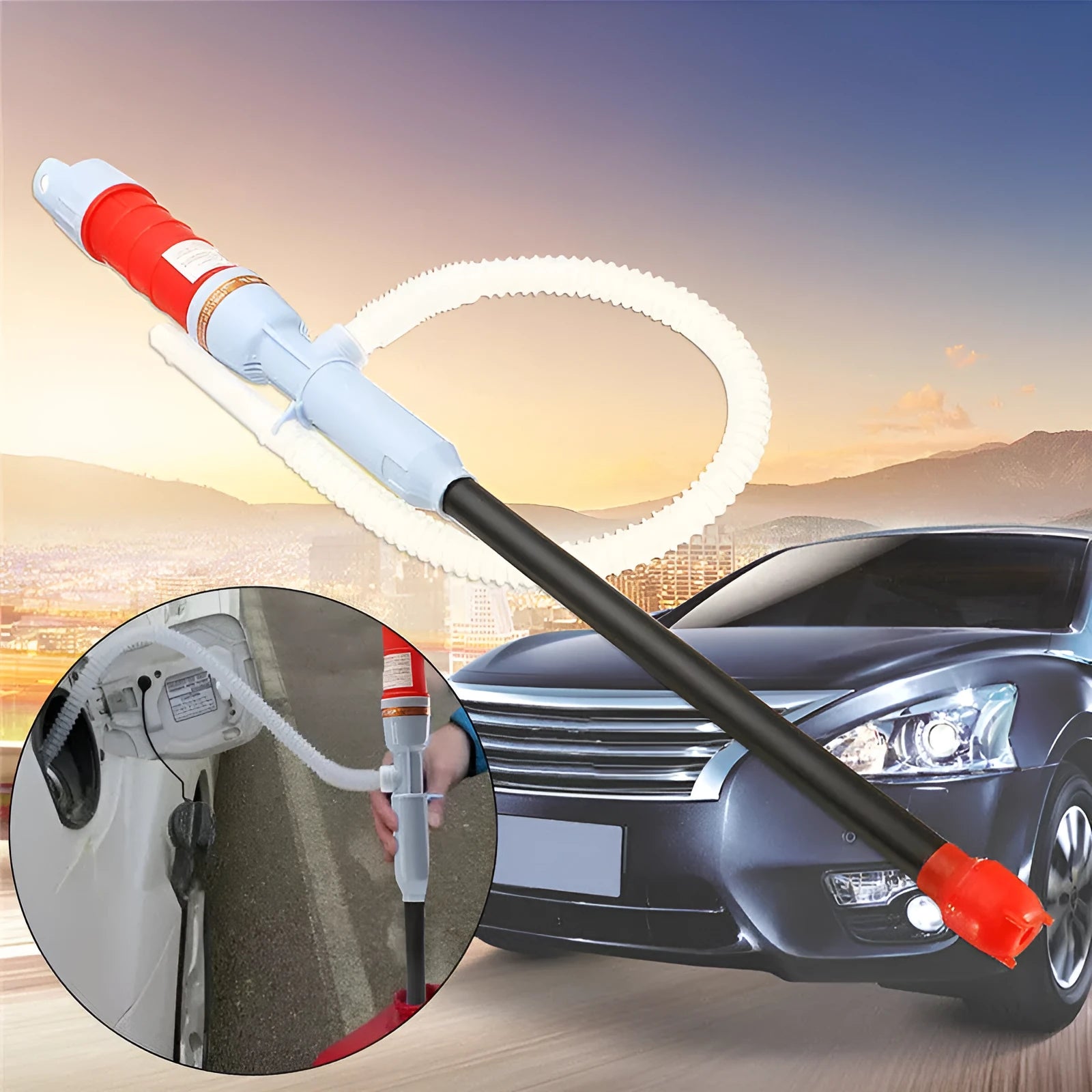 Blue and red manual siphon hand pump for fuel and oil transfer.