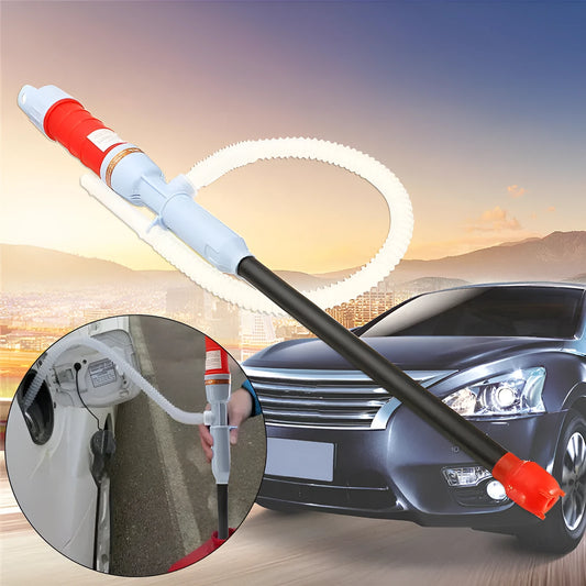 Blue and red manual siphon hand pump for fuel and oil transfer.