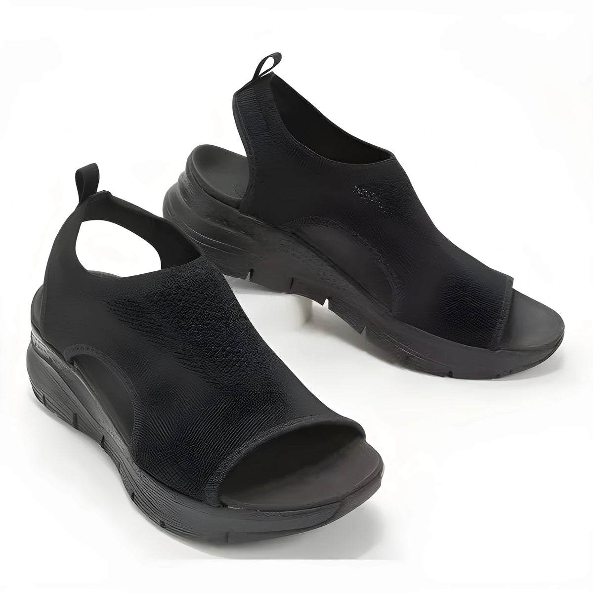 Fish mouth flying weave flat sandals with PU sole, solid colour, sizes 35-45