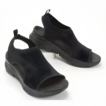 Fish mouth flying weave flat sandals with PU sole, solid colour, sizes 35-45