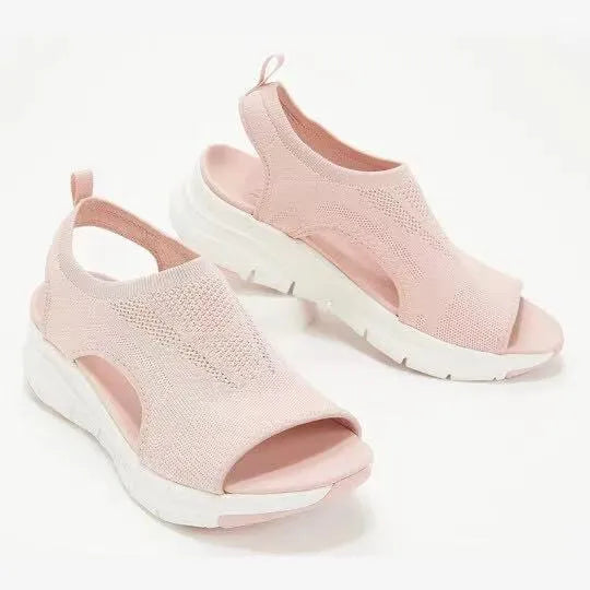 Fish mouth flying weave flat sandals with PU sole, solid colour, sizes 35-45