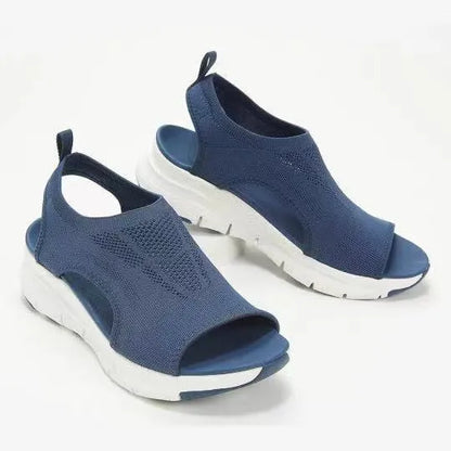 Fish mouth flying weave flat sandals with PU sole, solid colour, sizes 35-45