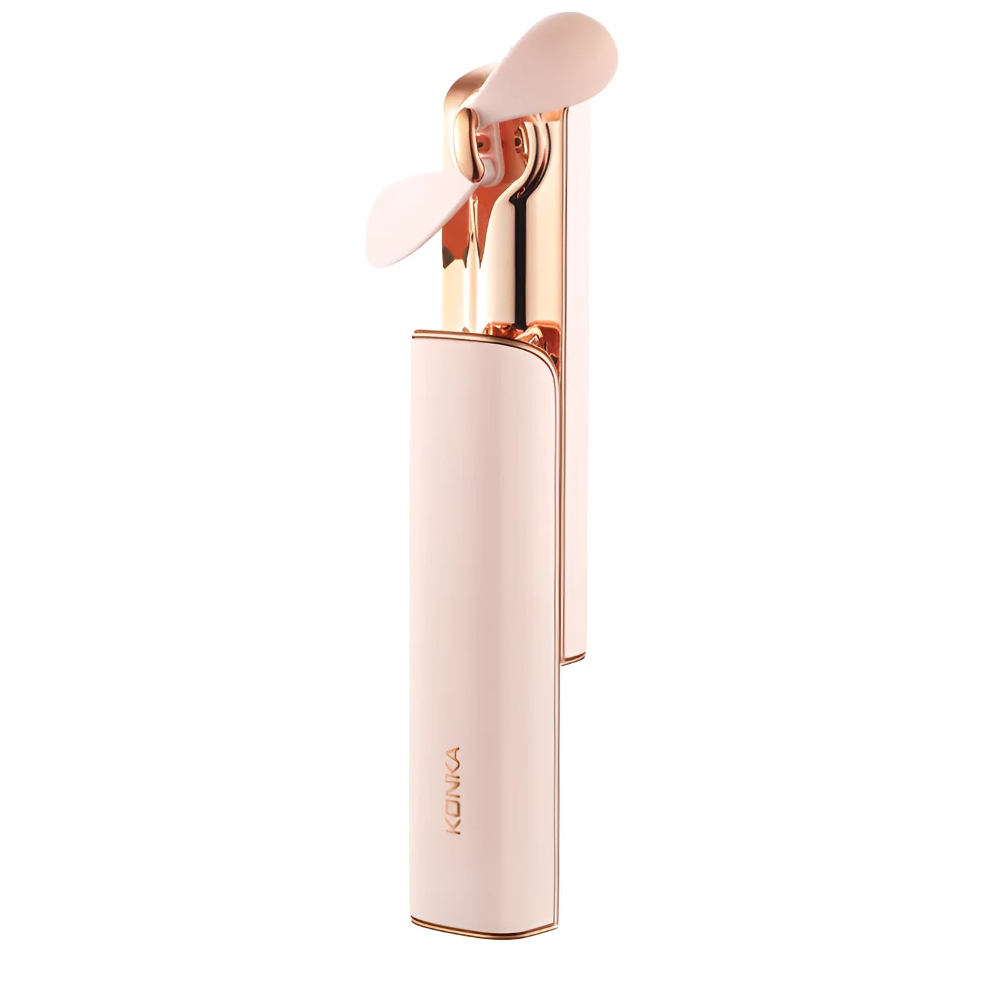 Pink coloured USB rechargeable portable folding fan with two speed settings.