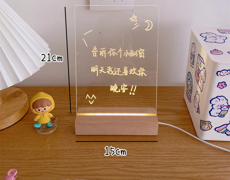 LED bedroom photo atmosphere light with message board, 5W bedside lamp with seven colour options including simulation candle night light and erasable message board designs for dormitory use.