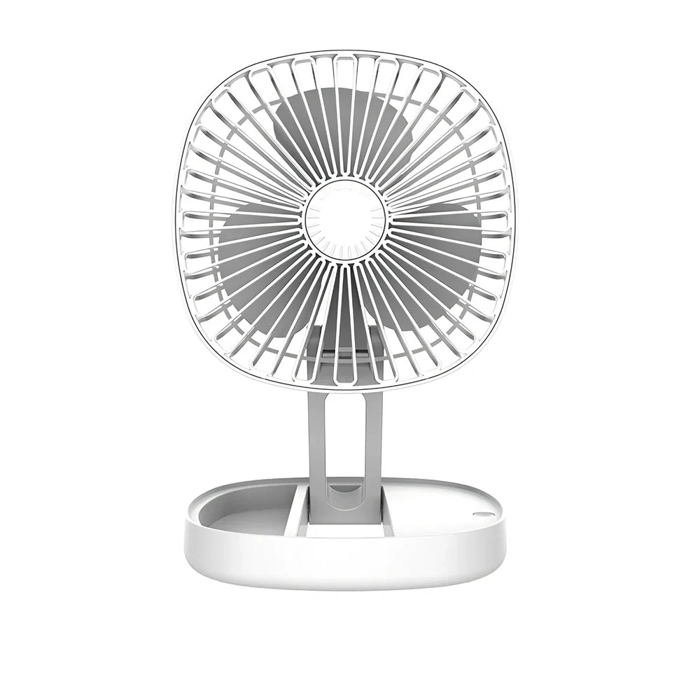 White folding desktop fan with ice cube groove and USB cable for portable cooling