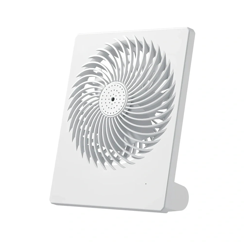 White folding desktop fan with ice cube groove and USB cable for portable cooling