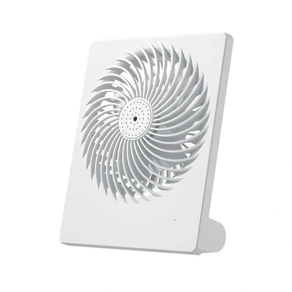White folding desktop fan with ice cube groove and USB cable for portable cooling