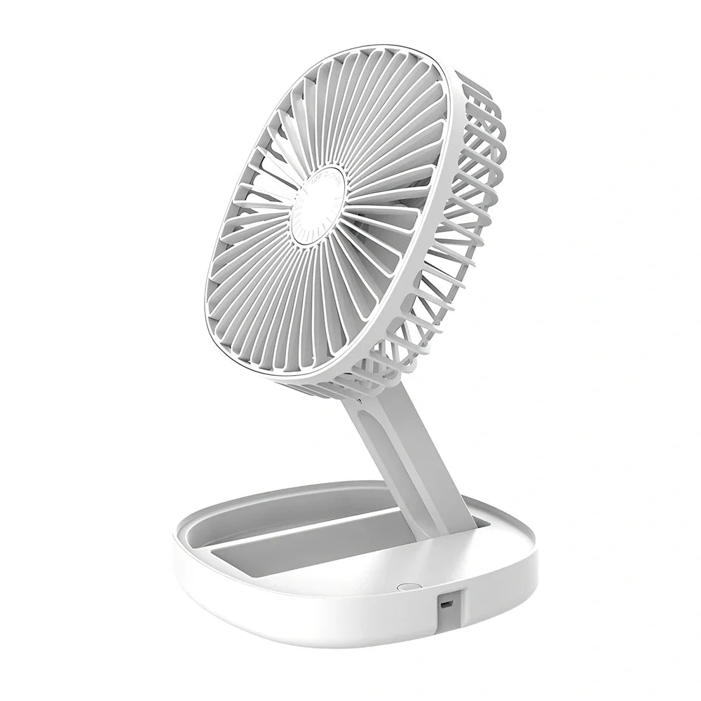 White folding desktop fan with ice cube groove and USB cable for portable cooling