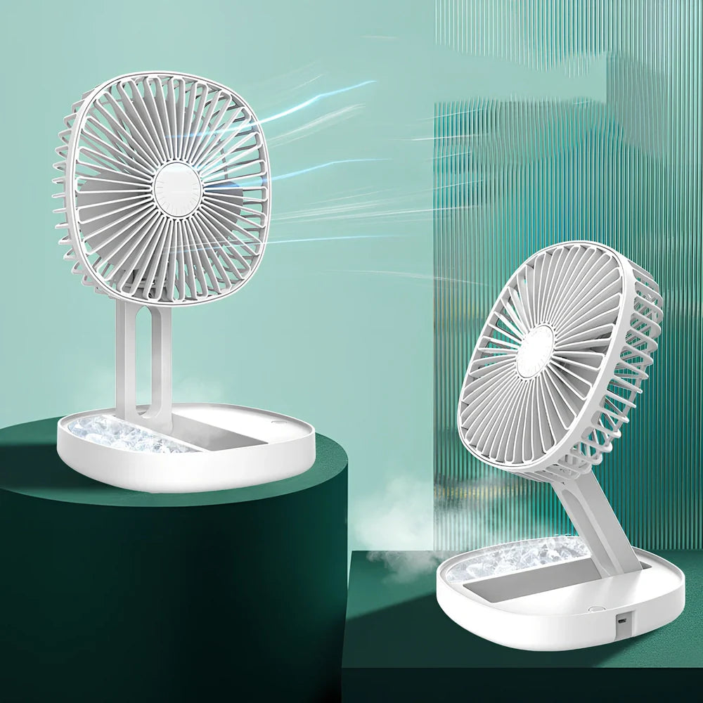 White folding desktop fan with ice cube groove and USB cable for portable cooling