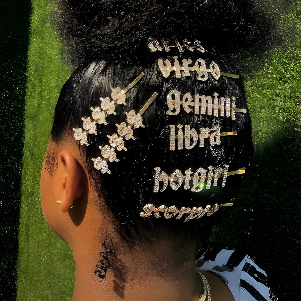 Golden electroplated one word clip hairpin with zodiac sign style options and individual packing