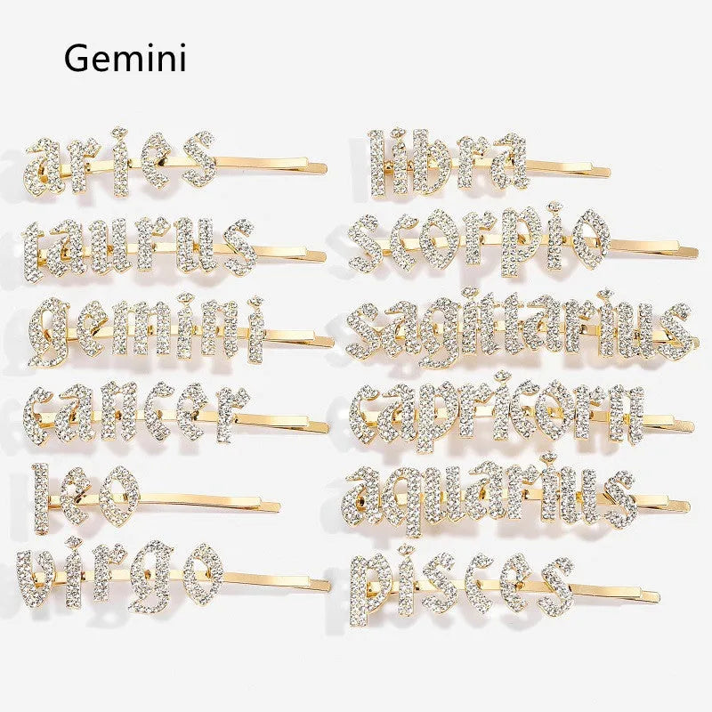 Golden electroplated one word clip hairpin with zodiac sign style options and individual packing