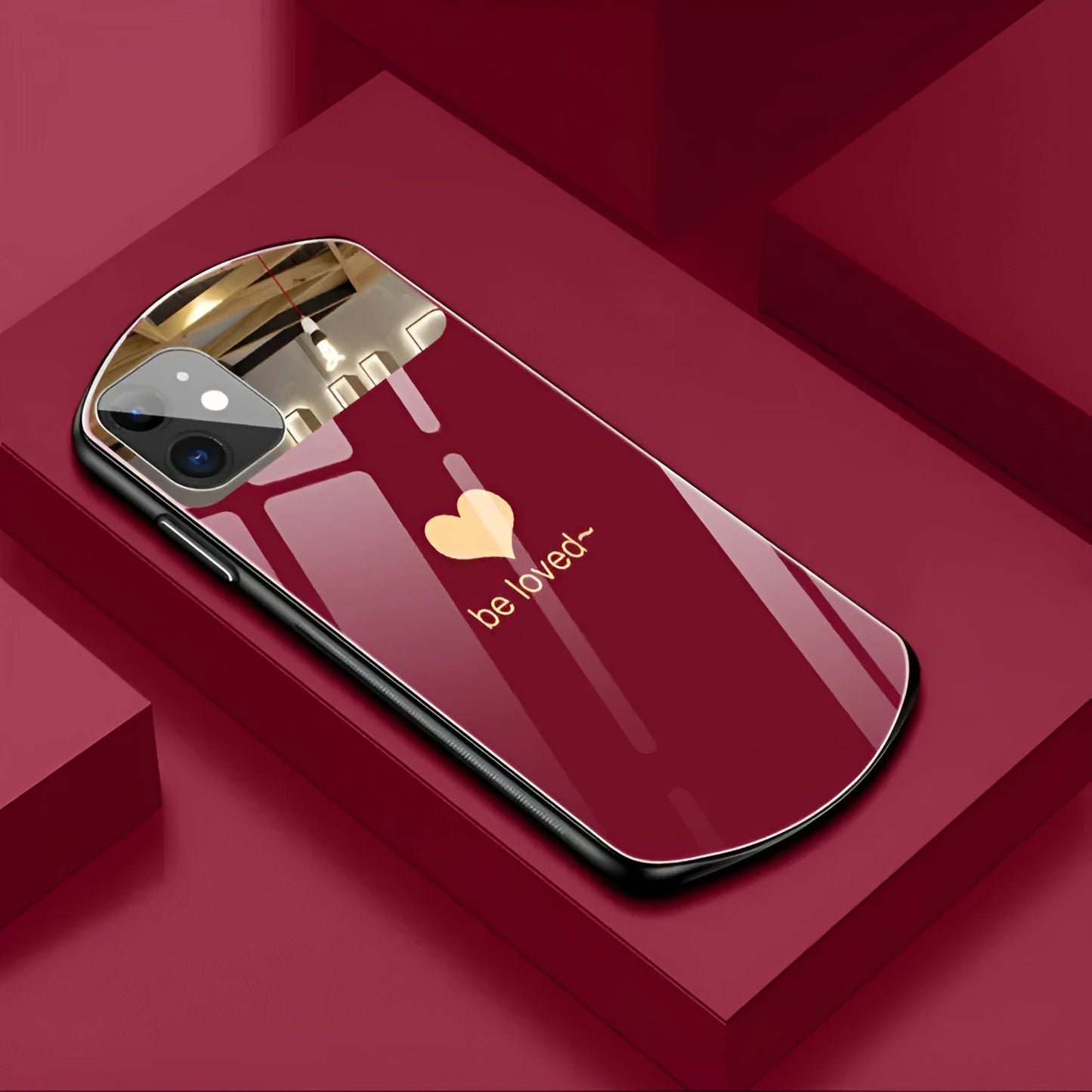 iPhone phone case with built-in makeup mirror in black, white, pink, or wine red with love letter design
