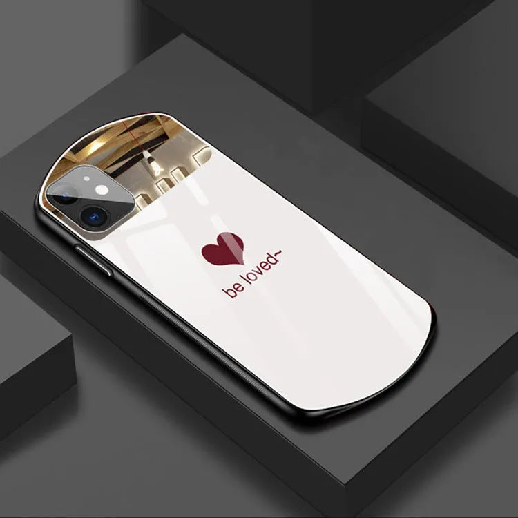 iPhone phone case with built-in makeup mirror in black, white, pink, or wine red with love letter design