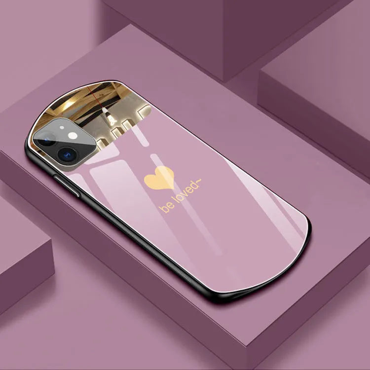 iPhone phone case with built-in makeup mirror in black, white, pink, or wine red with love letter design