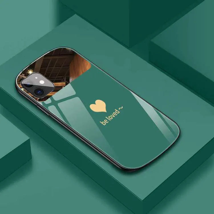 Phone case with makeup mirror attachment compatible with multiple iPhone models including iPhone XR, made from TPU and PC materials in a fashion style with solid colour and love letter design elements available in black, white, pink, and wine red.