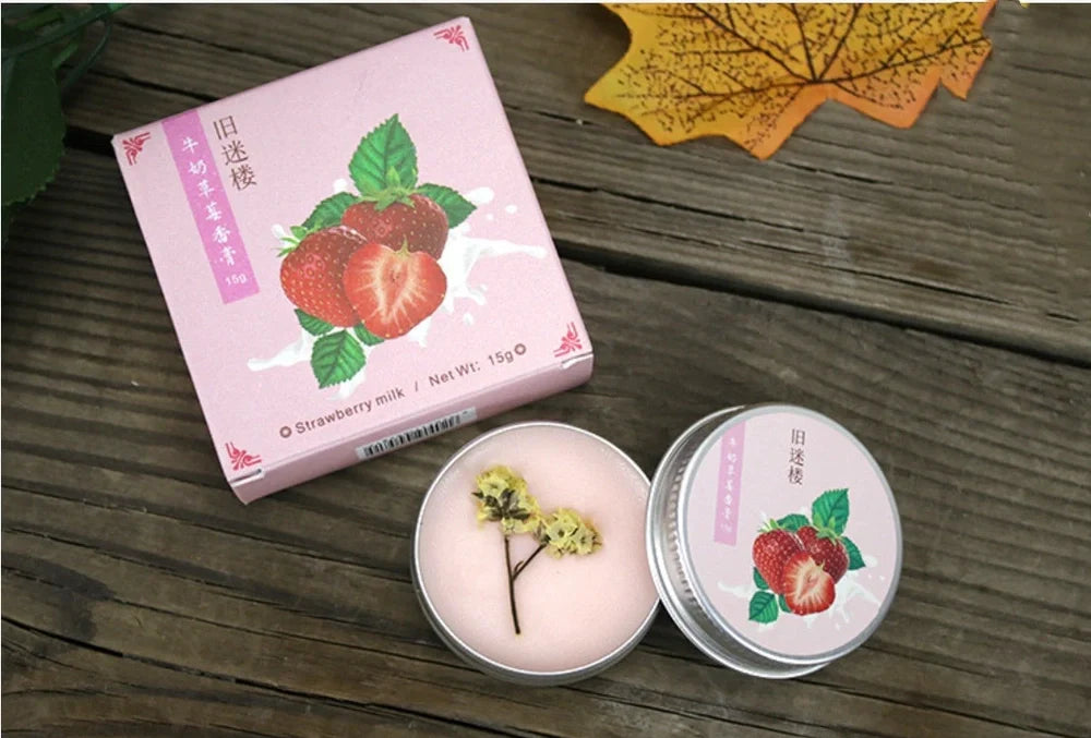 Guofeng solid perfume balm showing 4cm diameter circular format with three colour variants