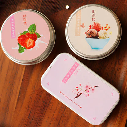 Guofeng solid perfume balm showing 4cm diameter circular format with three colour variants