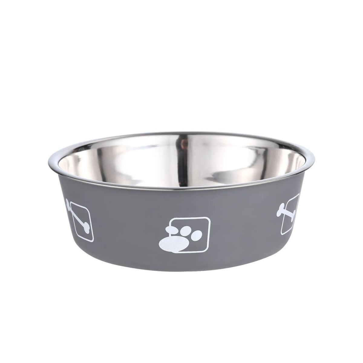 Pet stainless steel food bowl with PP base, sizes S to XL, 12.5cm to 17cm, random colour