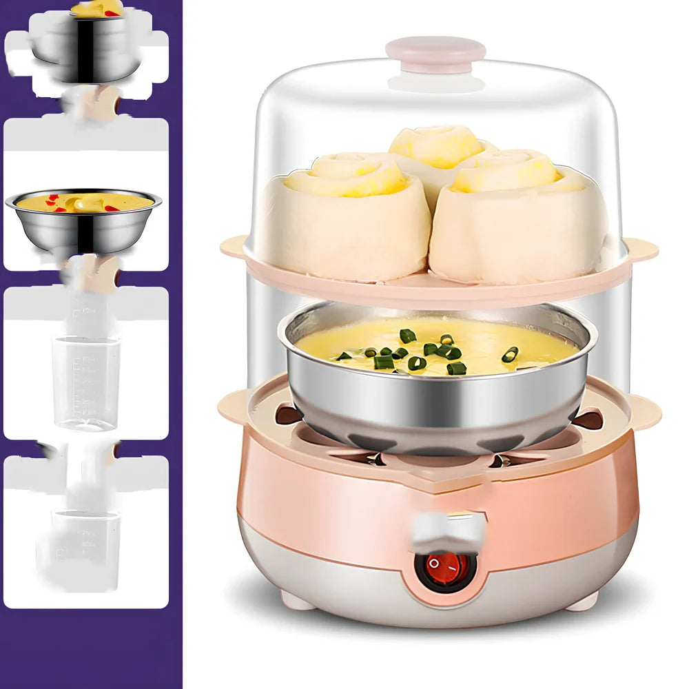 Pink XB-PT05 egg steamer with automatic shut-off for household use showing multiple configuration options