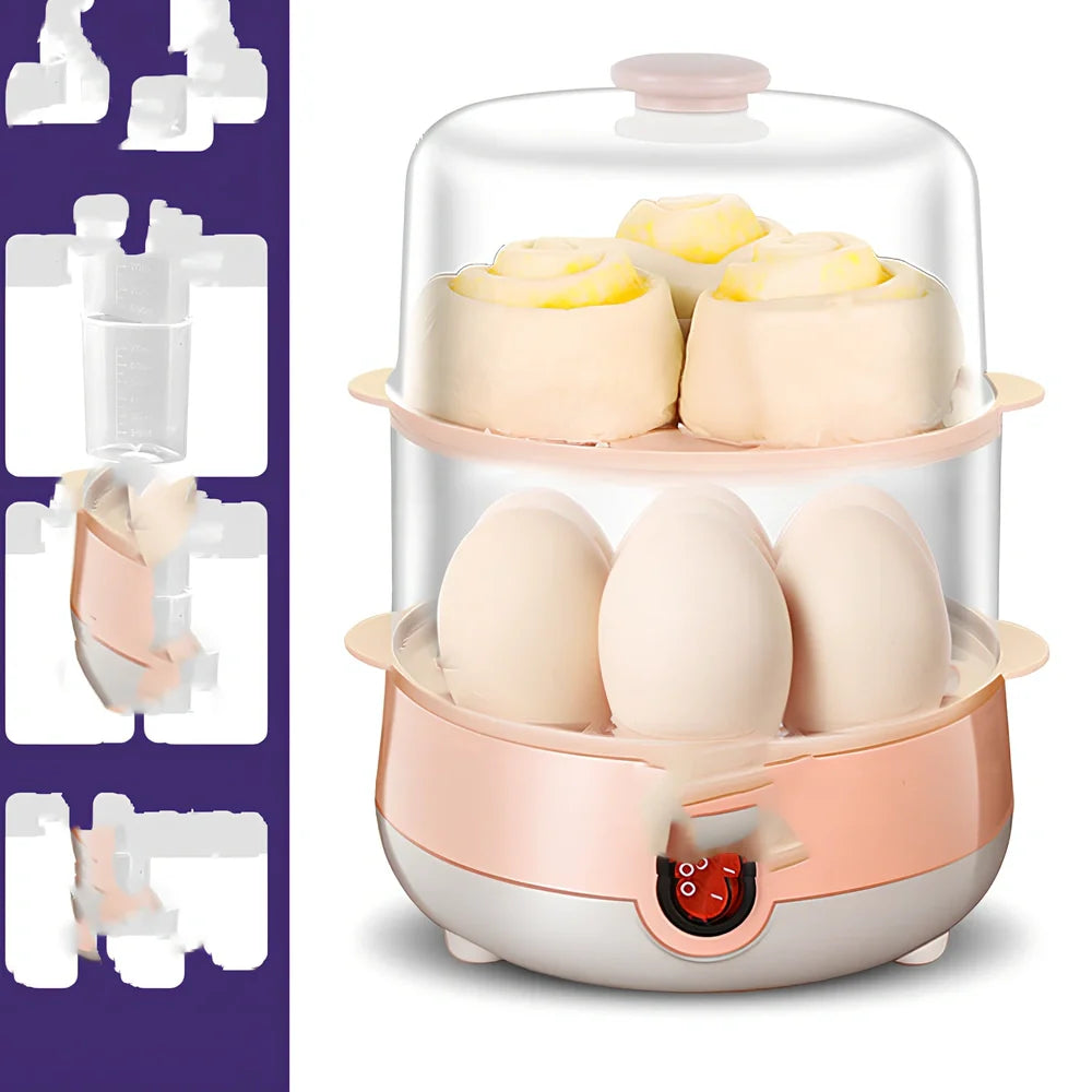 Pink XB-PT05 egg steamer with automatic shut-off for household use showing multiple configuration options