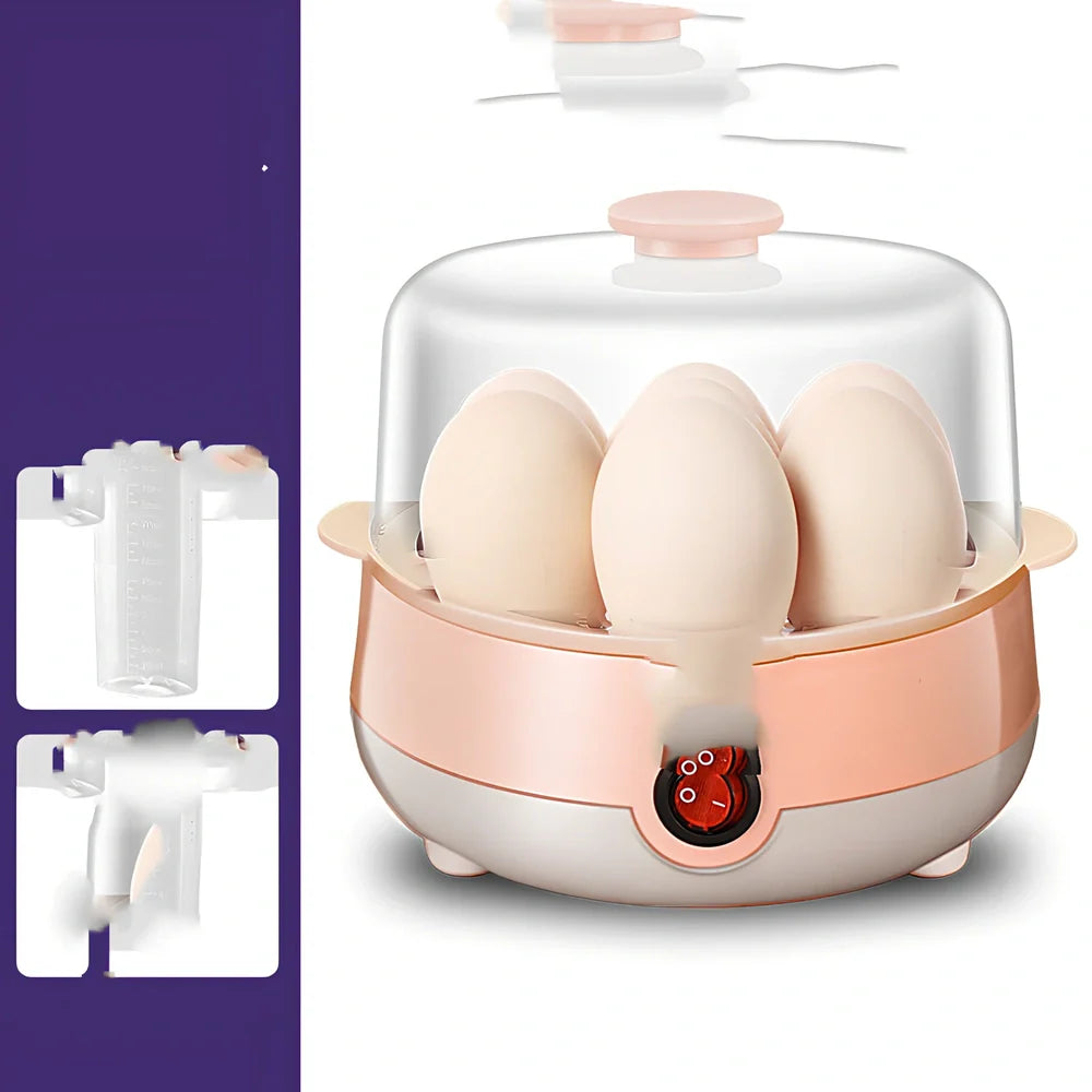 Pink XB-PT05 egg steamer with automatic shut-off for household use showing multiple configuration options
