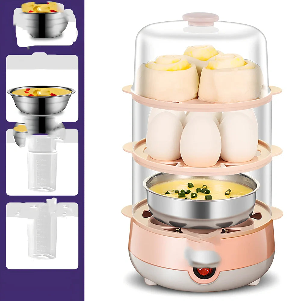 Pink XB-PT05 egg steamer with automatic shut-off for household use showing multiple configuration options
