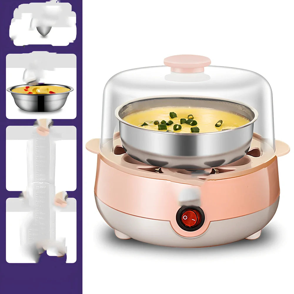 Pink XB-PT05 egg steamer with automatic shut-off for household use showing multiple configuration options