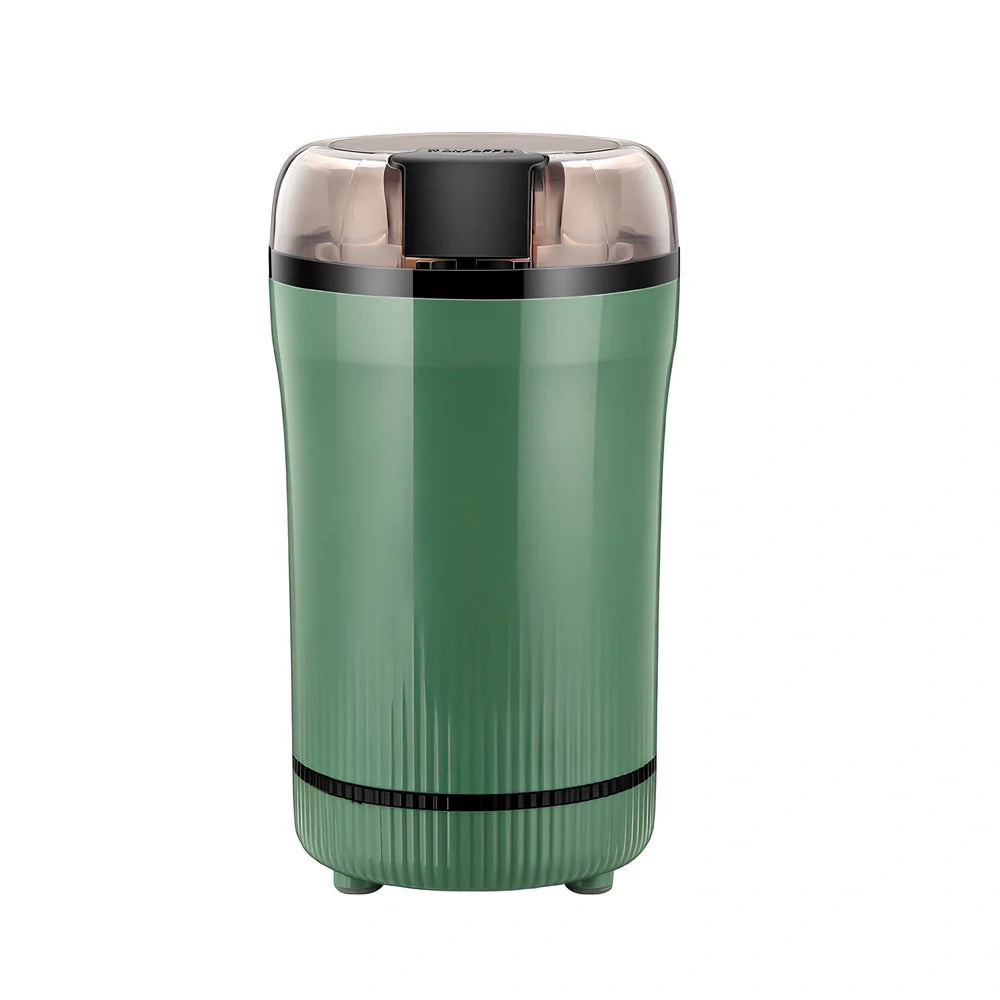 Small household grinder in green or white colour with 120g capacity for milling grains and coffee beans