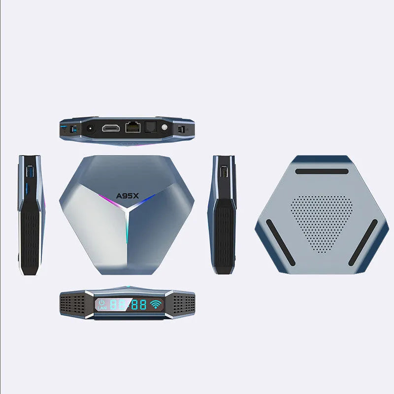 Network Player 8K TV set-top box with remote control and power adapters for different regions