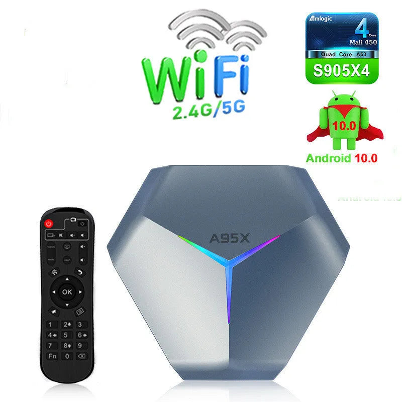 Network Player 8K TV set-top box with remote control and power adapters for different regions