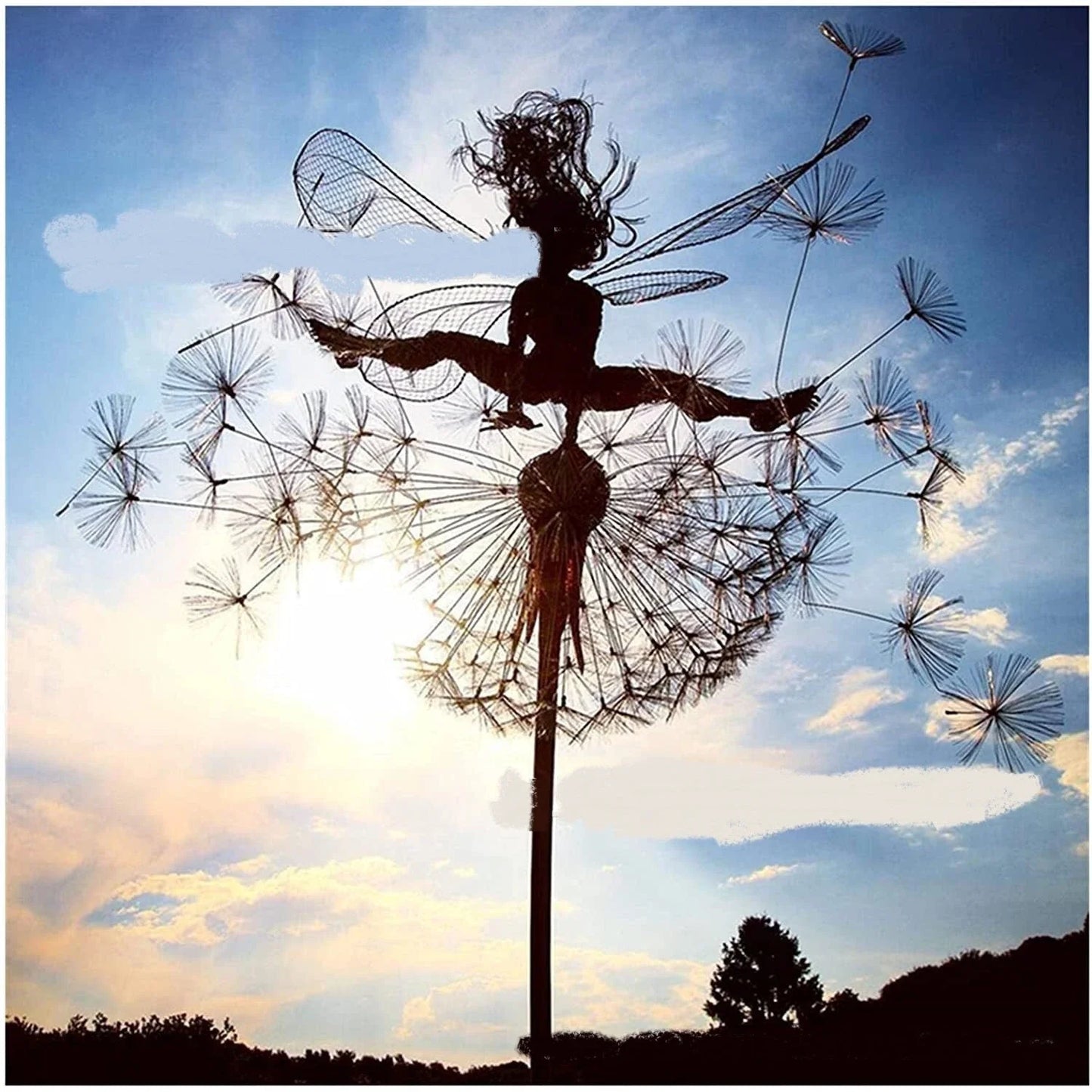 Enchanting metal fairy garden sculptures in the shape of fairies and pixies dancing on dandelions, designed for year-round outdoor or indoor display