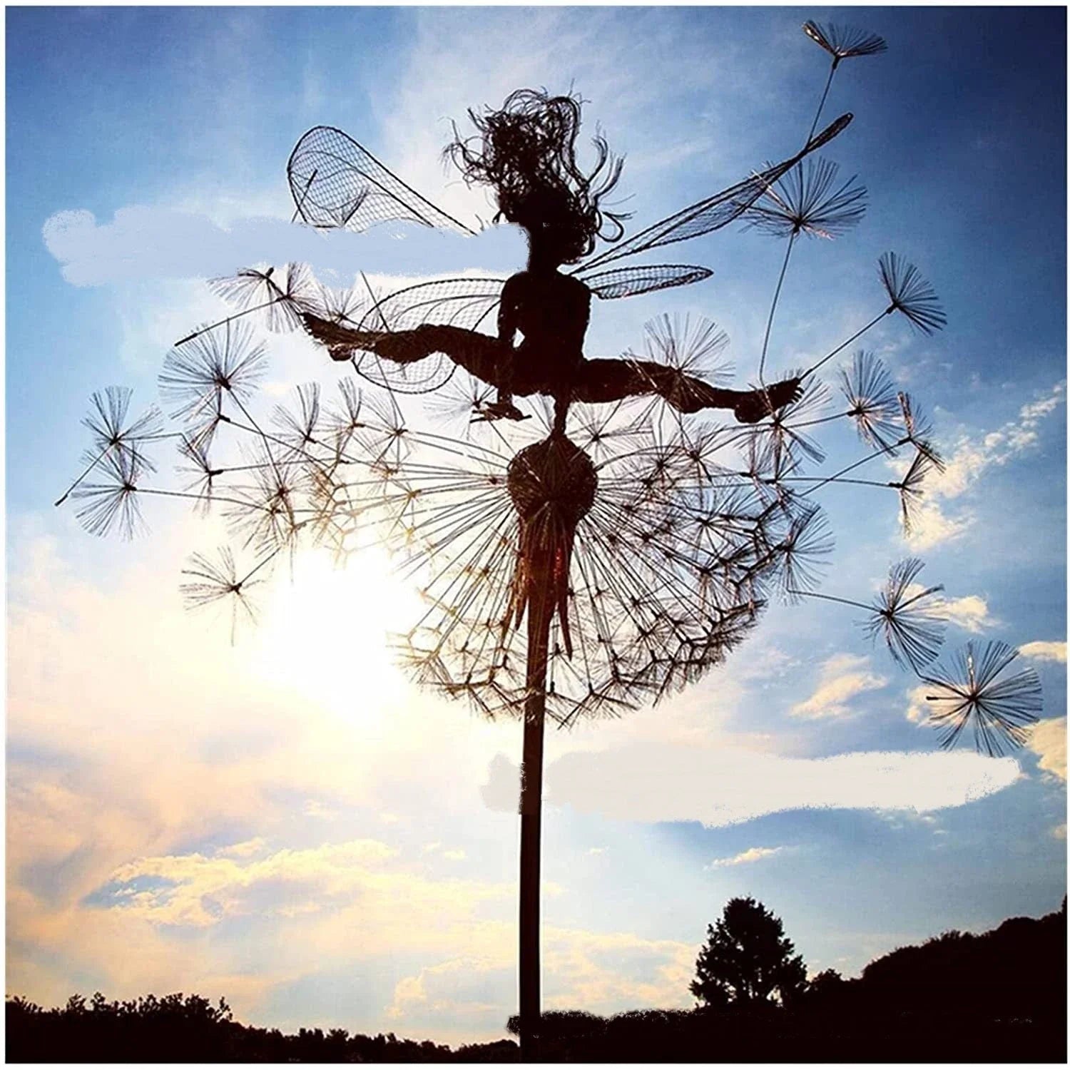 Enchanting metal fairy garden sculptures in the shape of fairies and pixies dancing on dandelions, designed for year-round outdoor or indoor display
