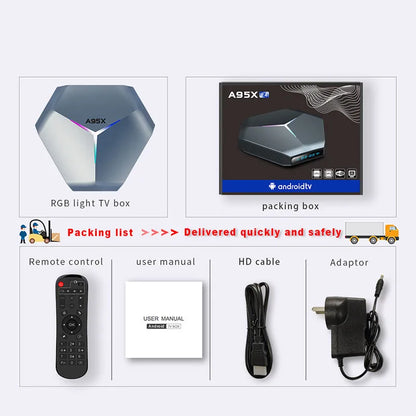 Network Player 8K TV set-top box with remote control and power adapters for different regions