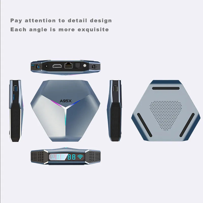 Network Player 8K TV set-top box with remote control and power adapters for different regions
