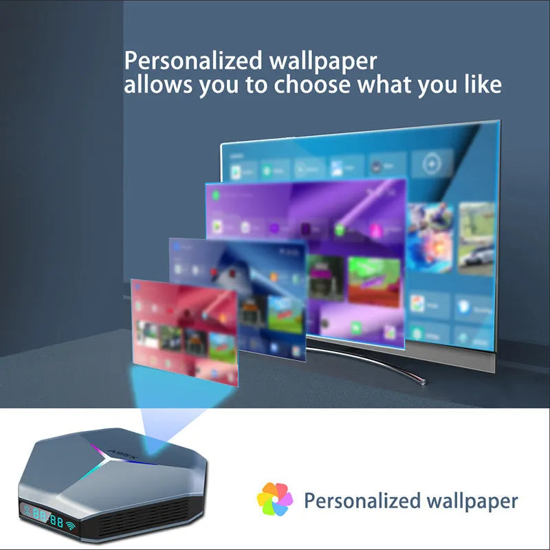 Network Player 8K TV set-top box with remote control and power adapters for different regions