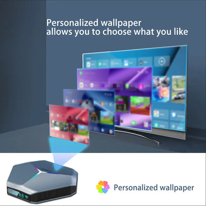 Network Player 8K TV set-top box with remote control and power adapters for different regions