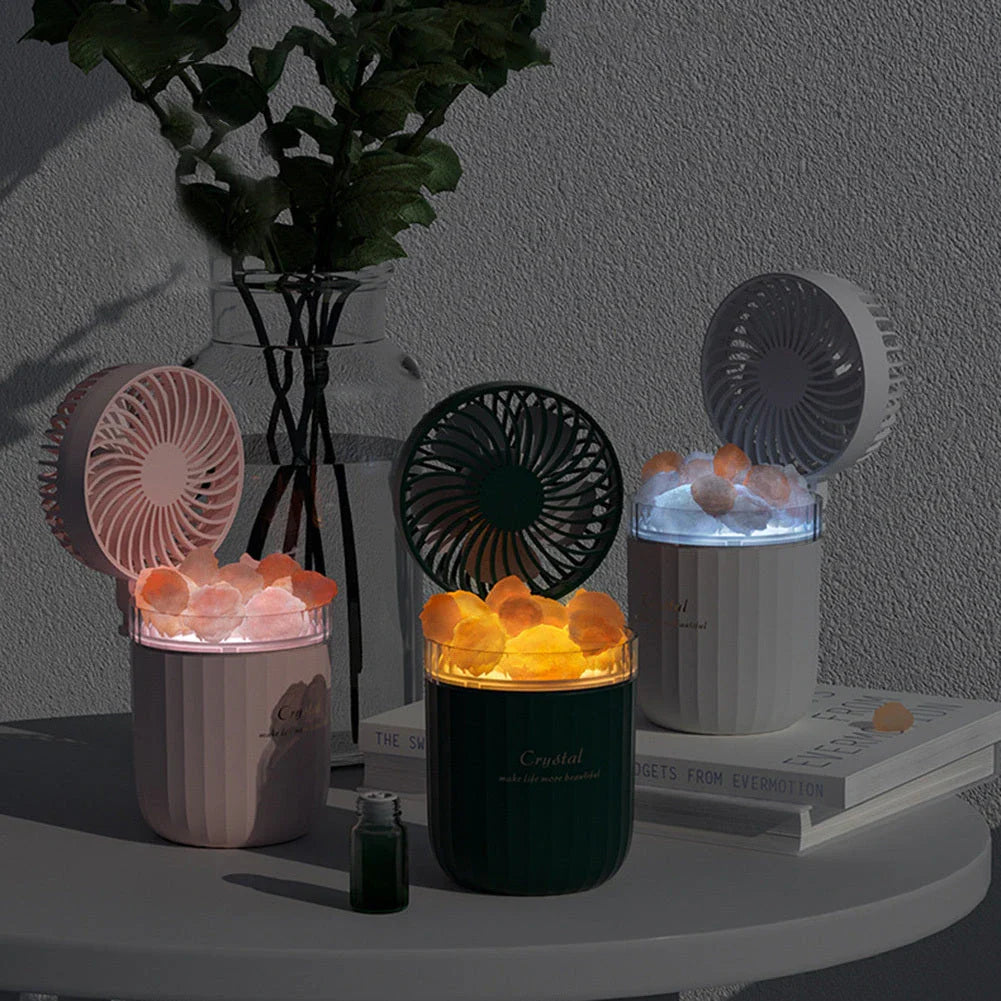 Ultrasonic aroma diffuser with adjustable fan, warm lights, and essential oil diffusion capabilities
