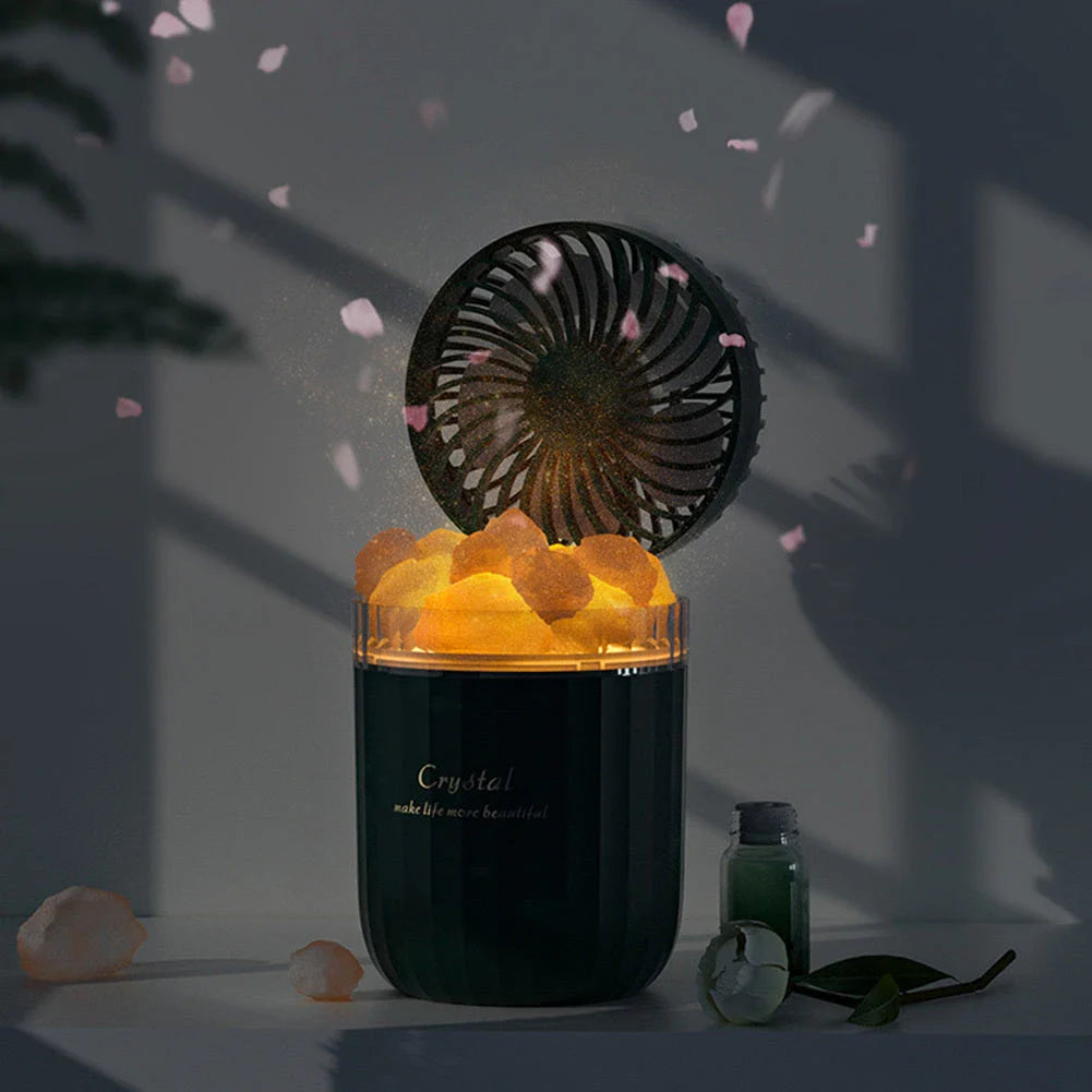 Ultrasonic aroma diffuser with adjustable fan, warm lights, and essential oil diffusion capabilities
