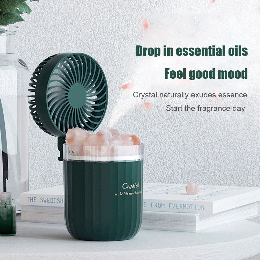 Ultrasonic aroma diffuser with adjustable fan, warm lights, and essential oil diffusion capabilities
