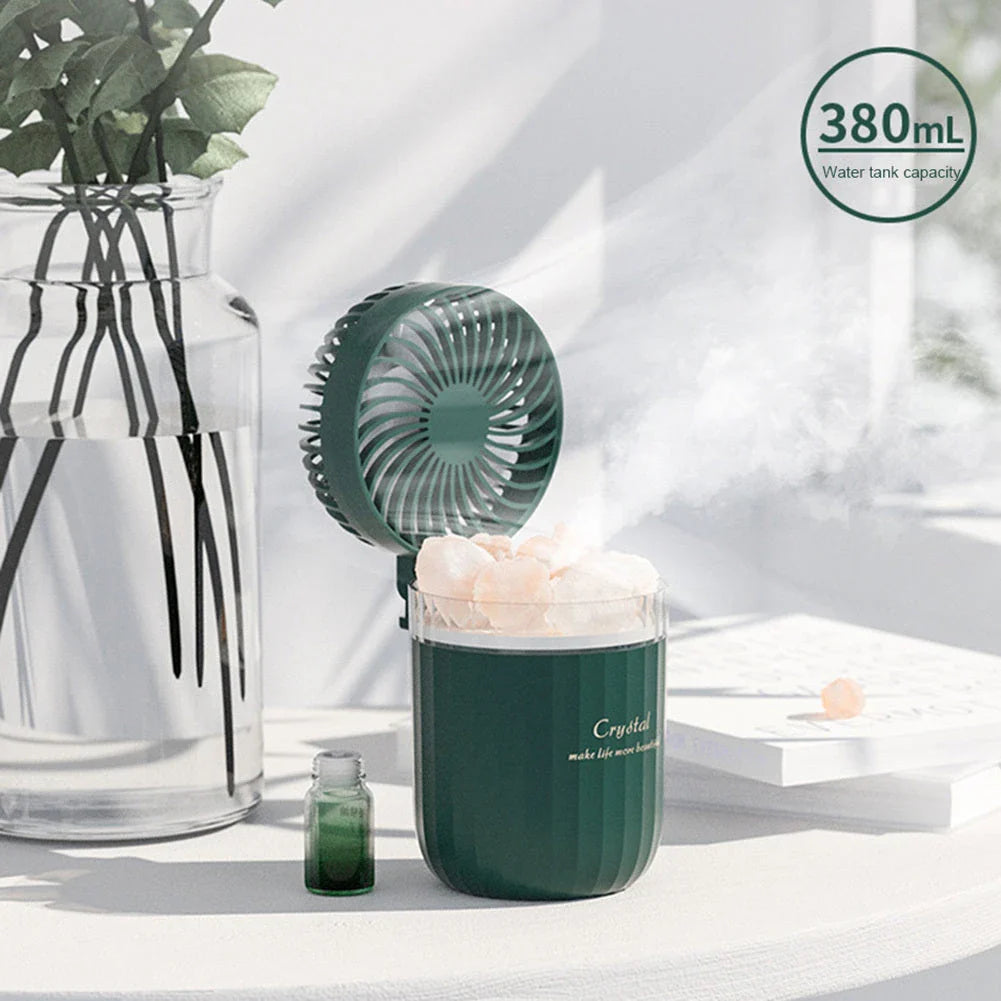 Ultrasonic aroma diffuser with adjustable fan, warm lights, and essential oil diffusion capabilities